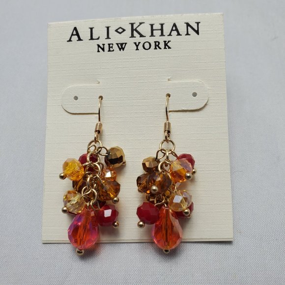 ALI KHAN garnet, sapphire ,topaz cluster beaded gold fish hook earring - Picture 2 of 3